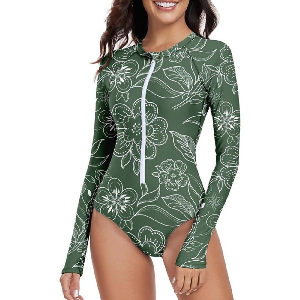 Century Star UPF 50+ Long Sleeve Swimsuit Rash Guard Green Floral SMALL 4-6